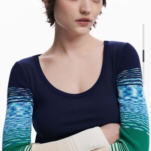 Desigual Navy Scoop Neck Top with Teal and Cream Accent Sleeves